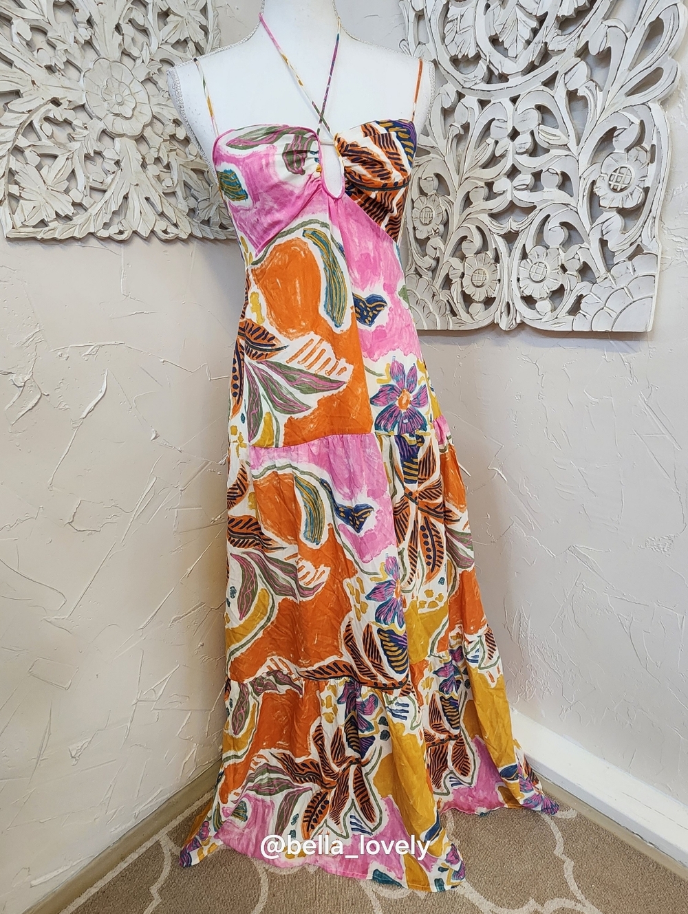 Tropical Boho Floral Spaghetti-Strap Maxi Dress in Pink & Orange